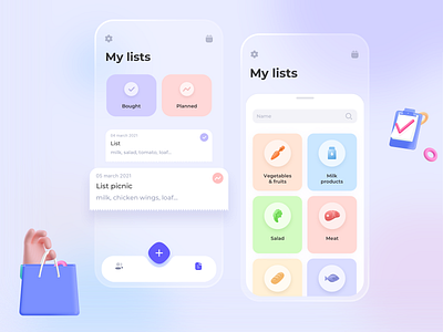 Purchases 3d app glass effect illustration mobile ui shopping app ui ui ux