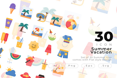 Set of 30 Summer icon come with flat design beachball coconut tree creative drink holiday icecream icon icon design modern pamela hat season seasons snorking summer summer beach sunset sunsets vacation vacation rentals folly beach watermelon