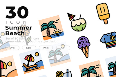 Set of 30 Summer icon come with colorline design beach beach chair coconut tree creative drink holiday ice cream icon lemonade modern season seasons summer sunset umbrella vacation