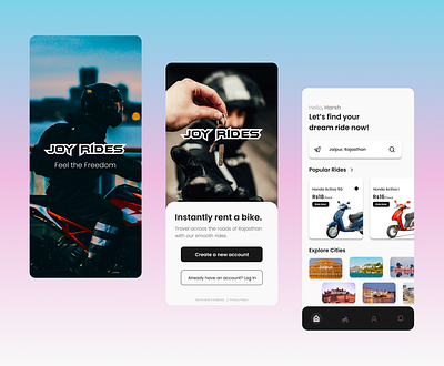 Joy Rides App Design app ui bike rental branding color darkui login typography ui ui design uidesign uiux user experience