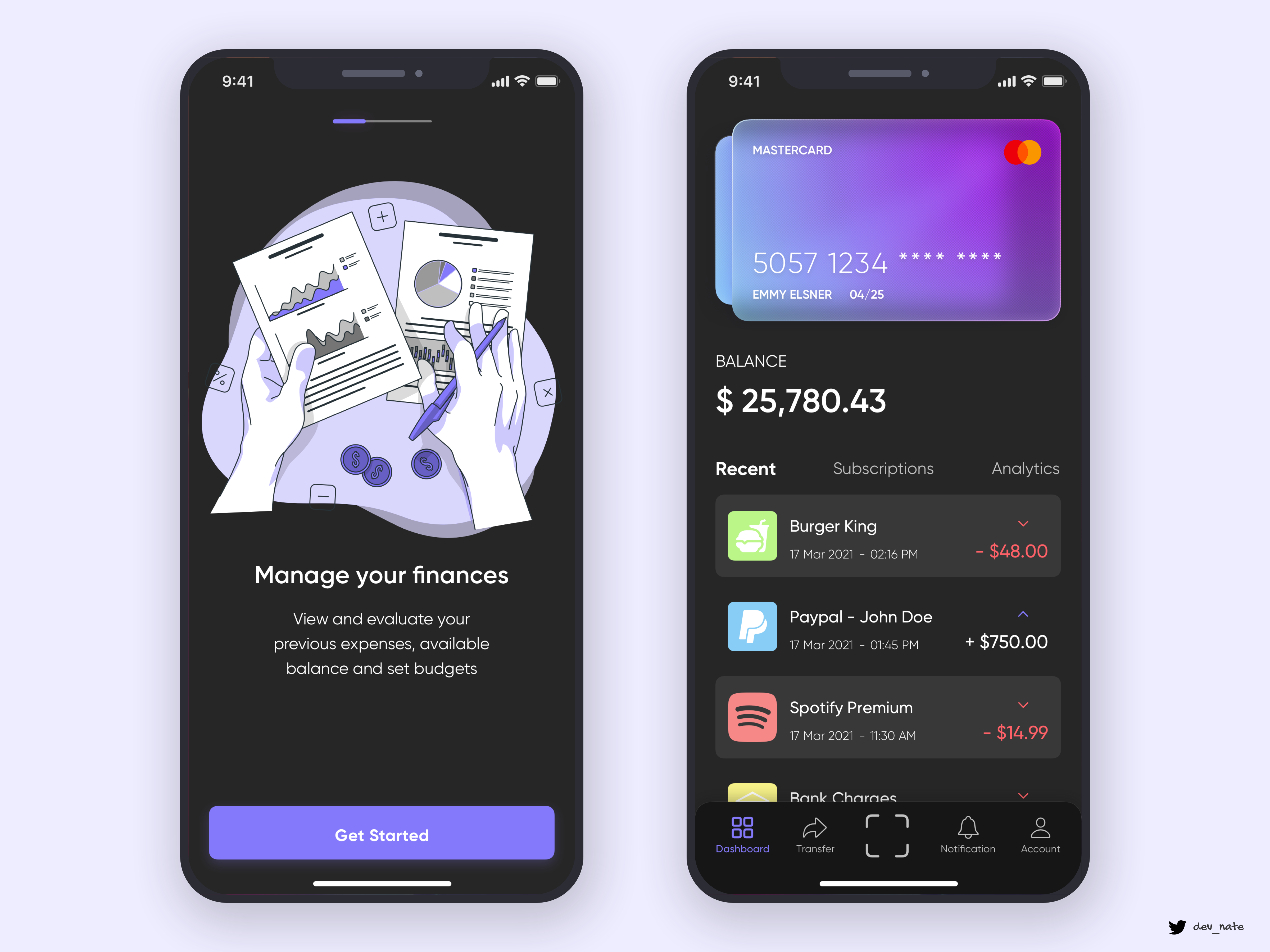 Example of Credit Card App (Dark Mode)