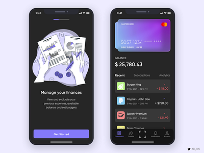 Credit Card App (Dark Mode) credit card dark mode dark ui finance glass effect glassmorphism illustration mastercard money paypal sketch sketchapp wallet