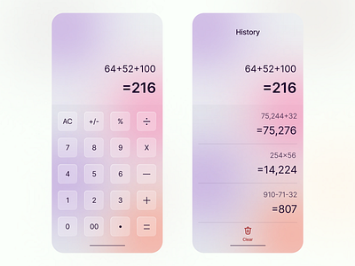 Calculator App app design application clean clean design clean ui glass effect glassmorphism glassy mobile app mobile app design mobile ui uidesign uiuxdesign