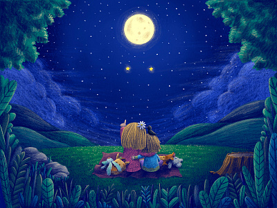 Look at the stars! blue children cute girls green illustration kids leaves little girl moon moonlight nature nature illustration night nightsky picnic procreate sisters stargazing stars