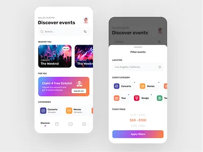 Event Booking App UI - Light version app booking category clean concept design concert design events movies ui ux zihad
