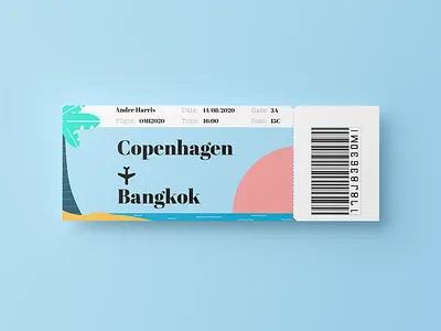 Flight Ticket Concept bangkok barcode beach blue copenhagen green minimal palmtree pink simple sun sunset tropical yellow