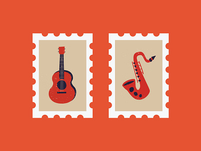 MCM Instrument Stamps - Set One guitar mid century mid century modern music music art postage retro retro design rock n roll saul bass saxophone stamp usps vintage