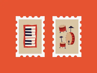 MCM Instrument Stamps - Set Two design drum drums drumset illustration keyboard mcm mid century mid century modern music piano postage stamp retro rock and roll saul bass stamp usps vintage