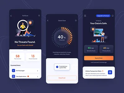 Cybersecurity App: UI Concept 2022 ui trends 2dillustration antivirus blue cleaner cybersecurity dark mode glassmorphism illustration indian designer malware minimal securityapp ui uiux ux