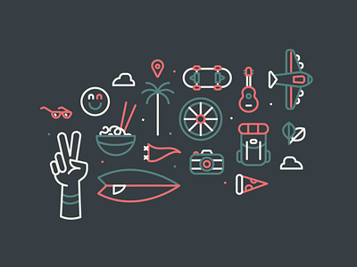 Travelstrations Vol I adventure animation design digital illustration food graphic design iconography icons illustration illustration design illustrator minimal motion outdoors plane surf travel travelling vector wanderlust