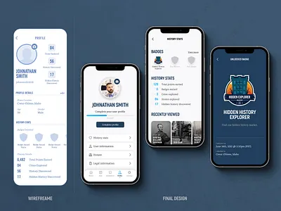Historik App - Profile Evolution app app design badge blue evolution historik history interface mind mapping mobile app profile reward statistics ui user user profile userflow ux uxdesign
