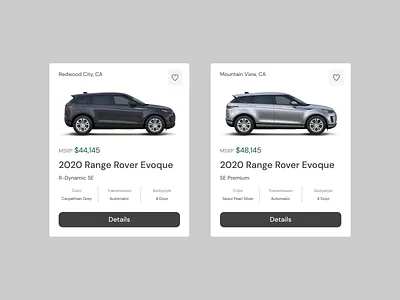 Land Rover Cards automotive design card cards clean ui digital digital design figma figmadesign interface inventory landrover suv web website design