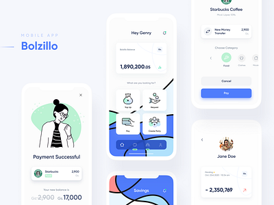 Bolzillo e-wallet aesthetics app branding design illustration logo mobile ui ux vector