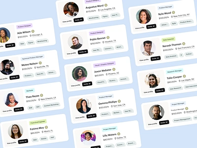 Talent Cards 😎 braintrust cards design employees freelance freelancers full time job post jobs part time product design profile profile cards talent talent cards talent search ui ux web3 workers