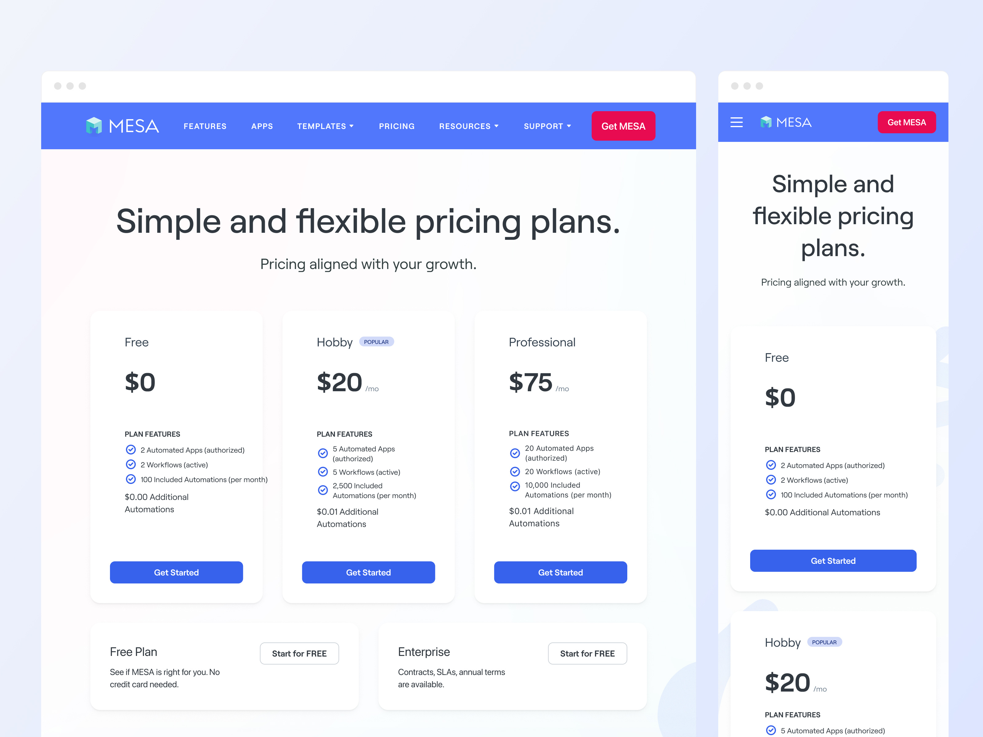 Pricing page for the MESA application