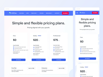 Pricing page for the MESA application automation builder design desktop interface minimal plans price pricing pricing page product shopify ui ux web workflow