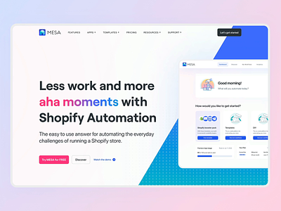 Landing page for Mesa automation for Shopify store automation builder design flow homepage interface landing page landingpage minimal shopify site ui ux web workflow
