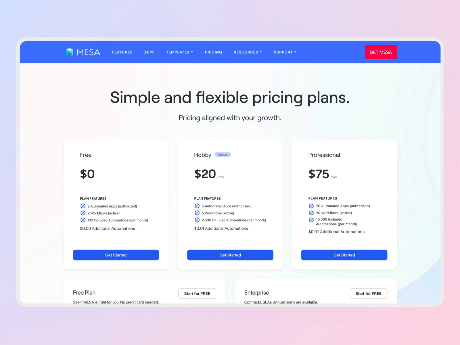 MESA - Automations for Shopify Store | Pricing Page Animation