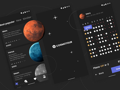 Space tourism app app app concept app design app ui cosmos dark design elonmusk flat future mars material minimal moon space star tourism ui ux venus