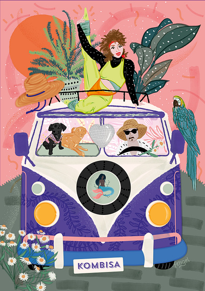 Tropical kombi couple design dogs illustration kombi traveling vector