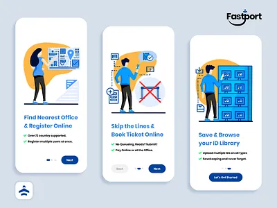 Fastport Welcome Onboarding airplane airport app border collection flatdesign icon design identification infographic international logo design mobile onboarding passport registration screens ticket travel user interface design welcome