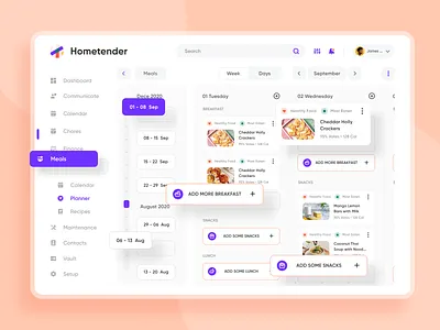 Meal Planner Section for Hometender | Home Management App calendar calendar design calendar ui food app matloob mehrab meal planner playful design product design product designer recipe app recipes task management task management app ui design ui designer user experience design user experience designer ux designer