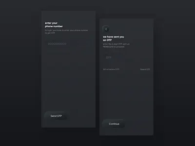 login and OTP screen in dark theme app awesome clean cool design elegant login login screen minimal neomorphic neomorphism numbers page phones screen start typography ui ux