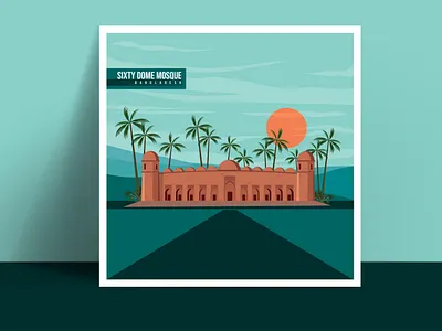 Sixty dome mosque Illustration bangladesh design digital art digital illustration flat illustration illustration digital landmark minimal vector