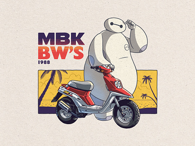 Baymax X MBK Bw's 1988 anime baymax beach bighero6 digitalart digitaldrawing disney illustration manga mobylette photoshop robot scooter summer summervibes texture textured truegritexturesupply white yellow