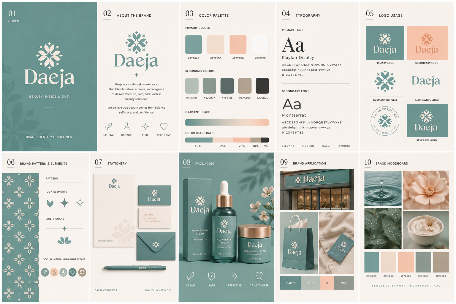 Daeja Cosmetics Brand Identity | Elegant Skincare & Beauty Brand beauty branding beauty logo brand design brand guidelines brand identity branding cosmetic branding cosmetic design feminine branding graphic design logo design luxury branding minimalist branding modern branding packaging design product branding skin care packaging skincare branding visual identity