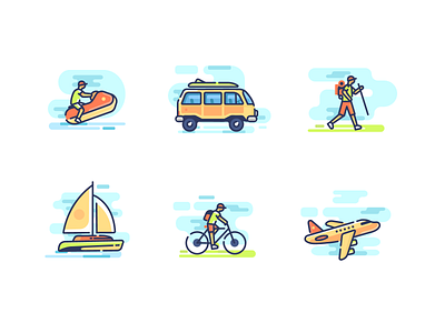 Summer abstract boat color cycling icons illustration line plane summer suv travel vacation van vector water