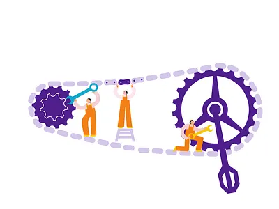 Bike repair service illustration bike bike chain chain cycle flat gear geometric illustration maintenance repair service team teamwork vector wrench