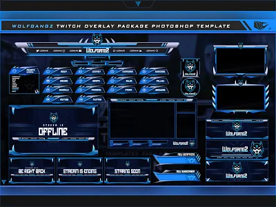 Wolf Twitch Overlay Live Stream Photoshop Template blue blue wolf cyberpunk electro esport esportlogo futuristic game gamer gaming graphicdesign overlay photoshop template twitch wolf youtube banner