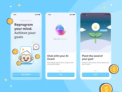 Re:install Onboarding ai app design best app design game illustration mobile mobile app mobile game modern app ui monkey onboarding psychological app ui ui design ux ui design voice