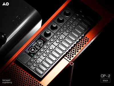 OP - 2 Black edition 3d black blender brand branding burntorange cgi darkmode design high end inspiration music op 2 product productdesign render rendering synthesizer teenageengineering trend