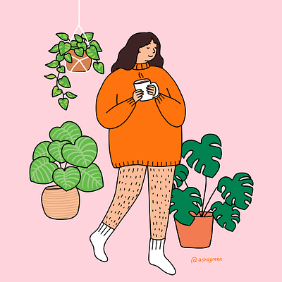 hello spring body positivity bright colours coffee girl girl drawing hairy legs hanging plants house plants illustration macrame sweater