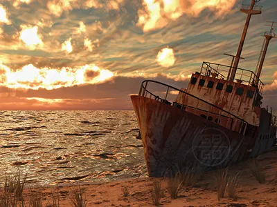 Sunny Beach Wreck aground beach grass illustration landscape ocean realism sand ship sun sunny sunrise sunset water wreck
