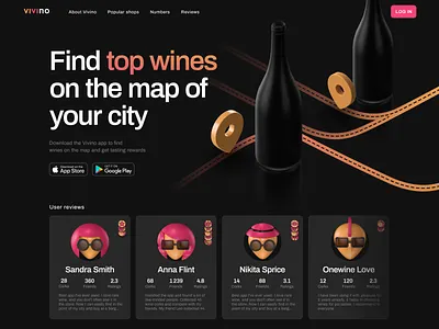 Concept of promo page service Vivino 3d achievement avatars bottles dark app design pin pink promo service ui wine