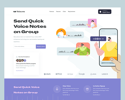 voice.mo landing page ui b2b b2c branding dashboard google dribbble illustration landing page mobile app mobiledesign product productivity responsive social app startup typography ui ux voicenote web design website