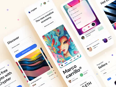 Crypter® – NFT Marketplace – Mobile version app card clean colorful dropdown marketplace minimal mobile mobile app navigation nft nft app nftart typography ui ui design user user interface ux ux design