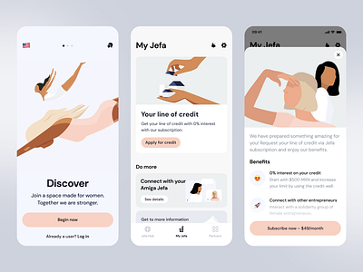 Jefa – Banking for women | Fintech app bank clean explore finance fintech flat illustration ios jefa minimal onboarding subscription ui user experience user interface ux women