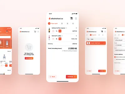 Alcohol taxi - Liquor delivery app address alcohol app cart delivery ecommerce empty state interface liquor mobile mobile app online store orange ordering payment options product design shop shopping ui ux