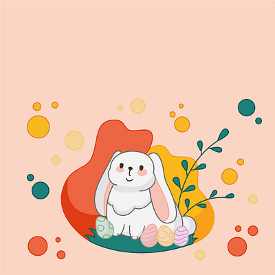 Happy easter branches bunny circles design easter eggs flat grass happy illustration nice rabbit sticker tenderness vector