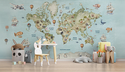 Watercolor Animal World Map adventure map animal children illustration childrens room creative map educational illustration hand drawn illustrated map illustration interior design kids map nursery wallpaper pastel color palette wall mural wallpaper watercolor watercolor illustration watercolor map whimsical art world map