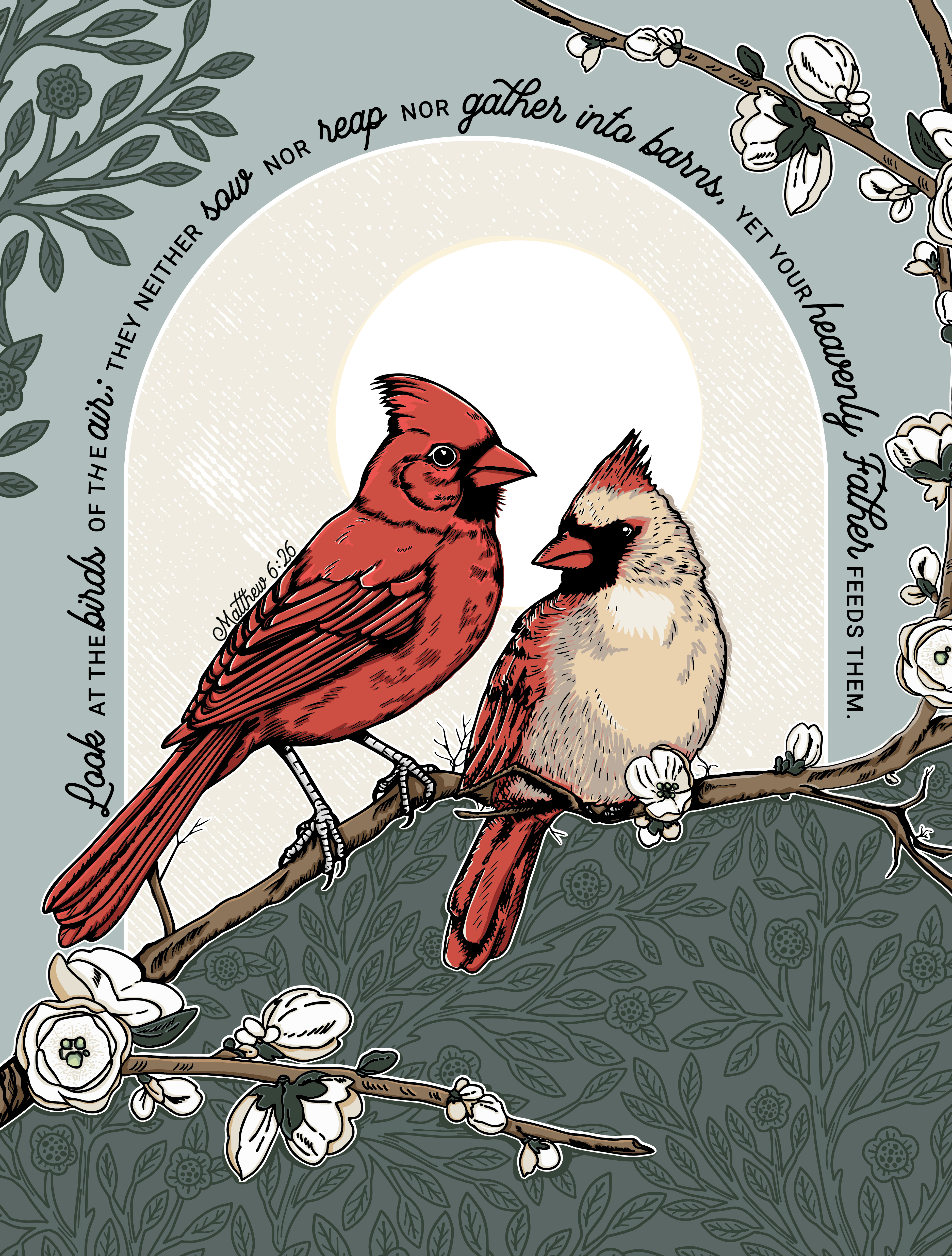 Birds of the Air Poster bible verse birds botanical cardinals dogwood tree earthy god feeds the birds graphic art graphic design illustration look at the birds of the air matthew 6:26 nature poster sky tree branch