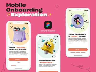 Mobile Onboarding - Phat Text & 3D Illustrations Exploration 3d 3d render objects app app design community file design exploration figma fun illustration mobile mobile design onboard onboarding ui user welcome ux welcome