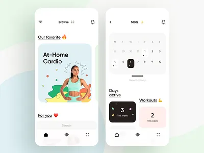 Fitness & Workout App activity app calendar cards coach draft fitness gym illustration interface ios minimal personal trainer running stats ui ux weight workout yoga