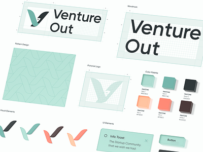 Venture Out - Brand Guidelines 3d bird brand guidelines brand identity branding button c4d color palette logo logo construction pattern pictorial mark saas startup tech ui venture visual elements