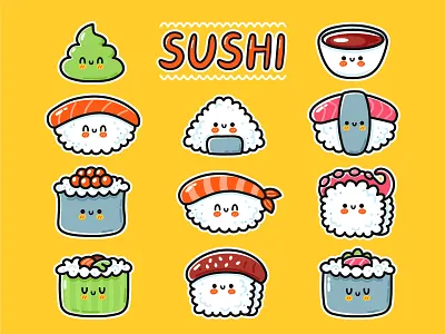 Kawaii sushi set asian bar cartoon character collection cute face fish food illustration japanese kawaii korean maki onigiri restaurant rolls seafood set sushi
