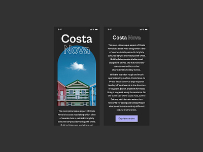 Costa Nova / mobile aveiro costa nova daily ui dailyui dark app dark mode dark theme dark ui figma freelancer graphic designer layout mobile mobile ui portugal tourism ui design ui ux uidesign website